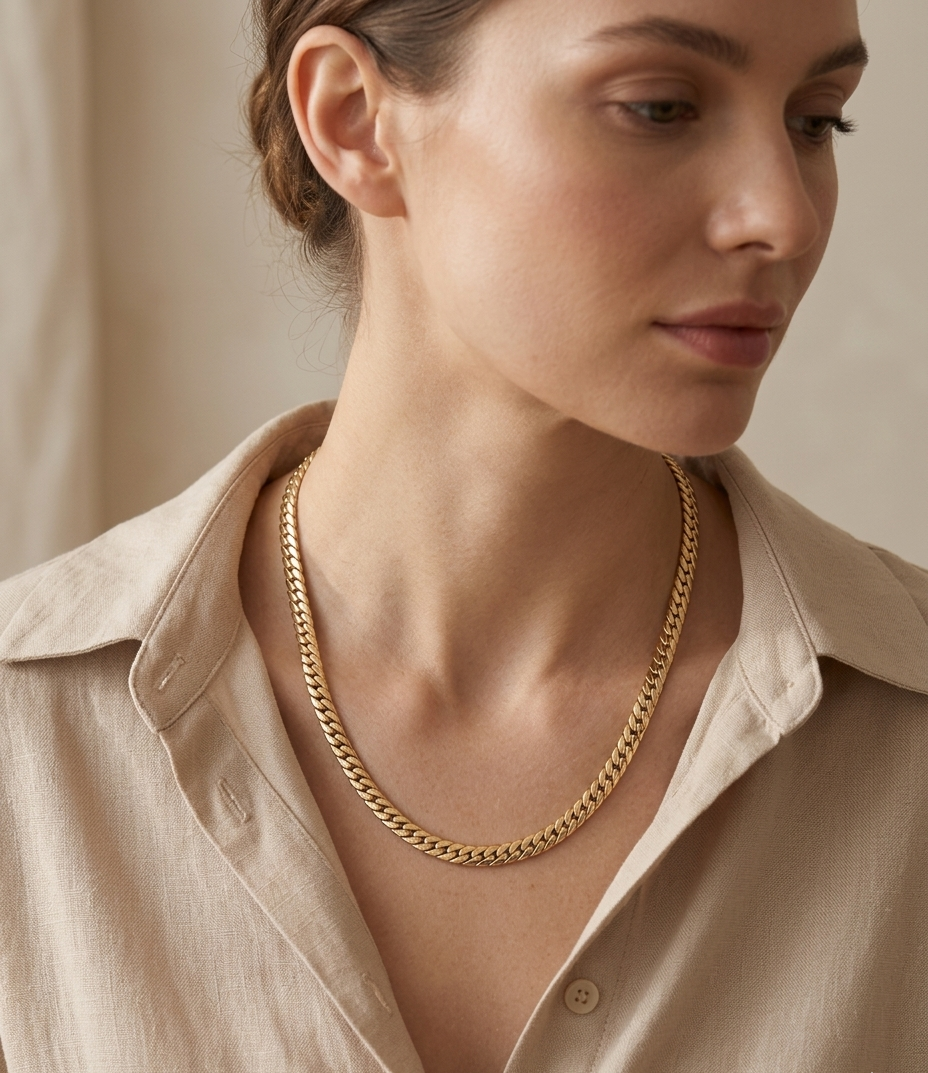 Détail de la maille plate brillante dorée du collier Varo résistant à l'eau porté par une femme élégante léger zoom sur le coup 