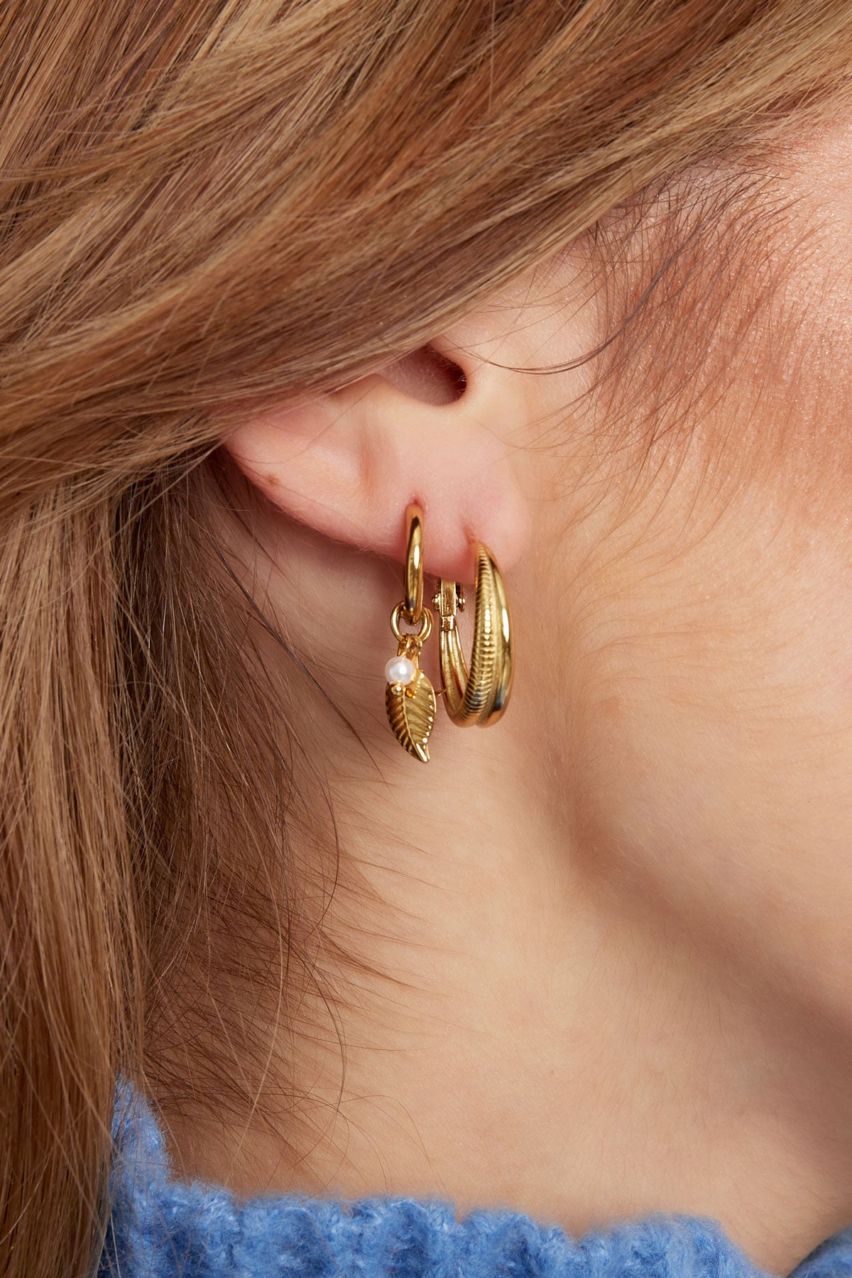 Boucles d'oreilles feuilles avec perles - doré