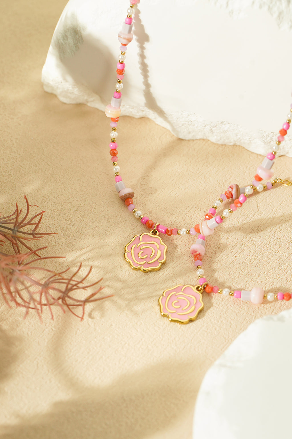 Bracelet perles roses - Couleur rose et or