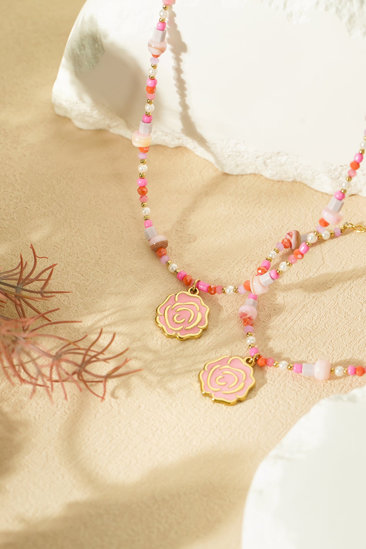 Bracelet perles roses - Couleur rose et or