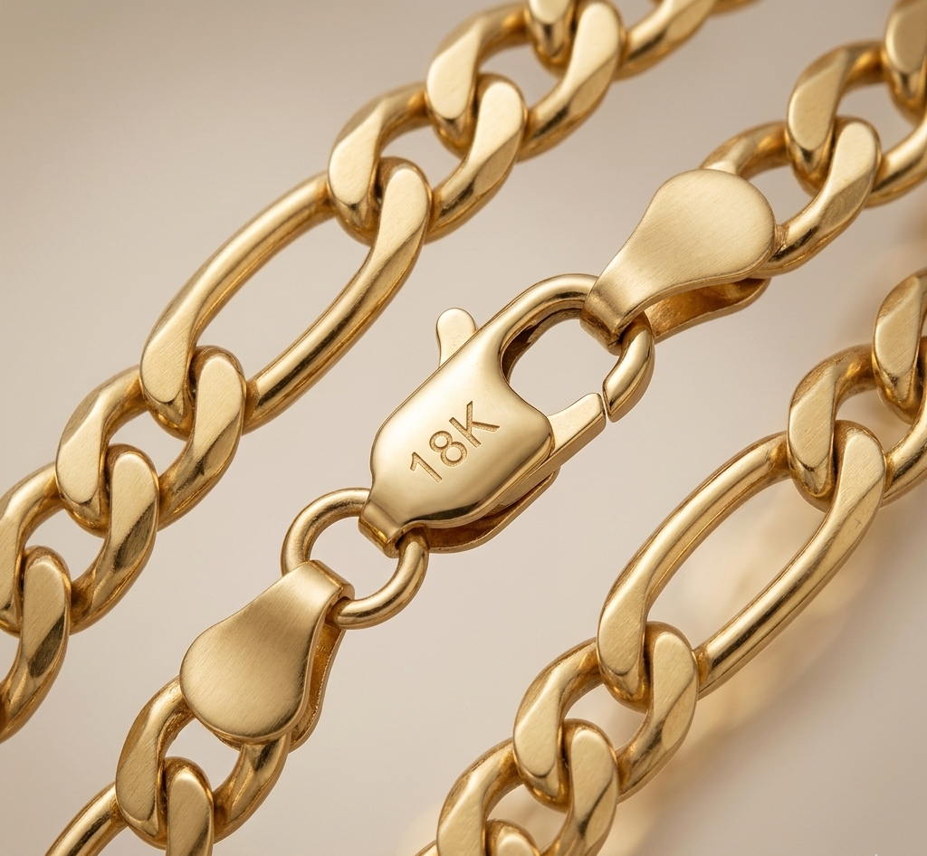 Gros plan du fermoir avec poinçon 18K sur le collier Aris résistant à l'eau