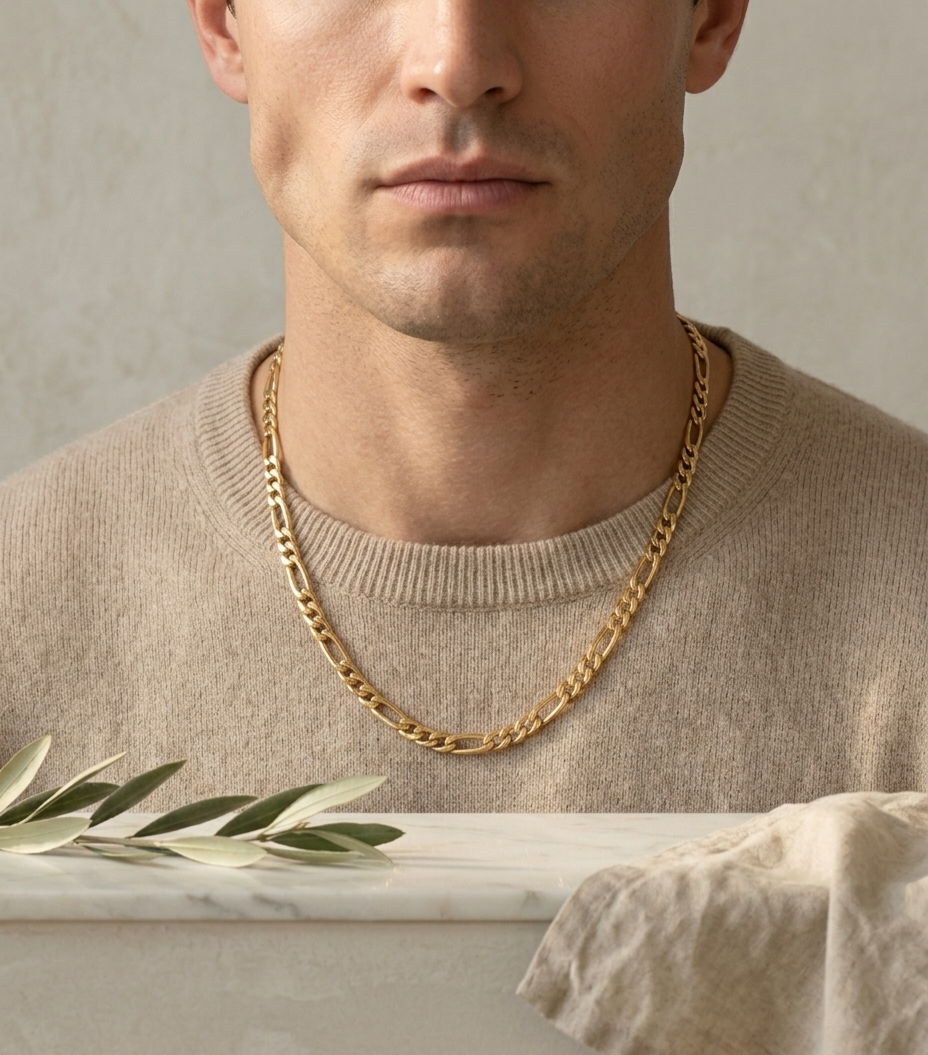 Détail de la chaîne fine dorée Aris de 4mm portée au cou