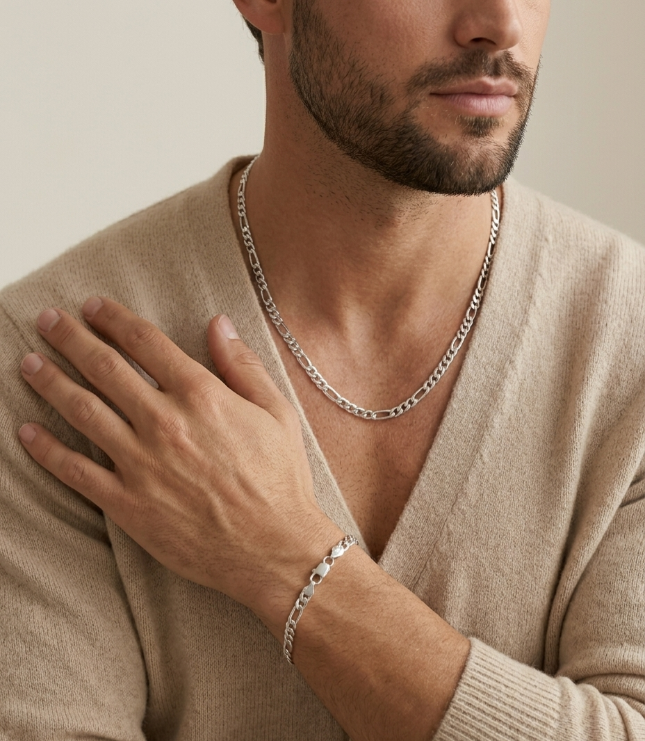 Homme portant l'ensemble de bijoux Nexo avec collier et bracelet maille Figaro de couleur argentée en acier inoxydable 316L. homme avec un pull over et légère barbe  Zyora