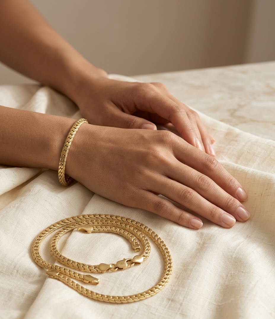Collier et bracelet dorés Velis délicatement posés sur un tissu de présentation avec le logo de la marque Zyora, bijoux waterproof en acier inoxydable 316L